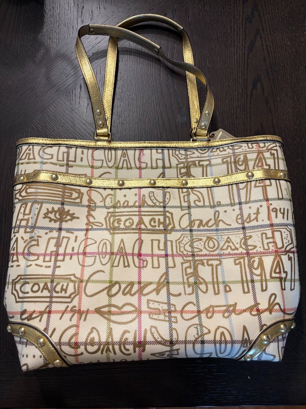 Coach Large Tote, Plaid and Gold